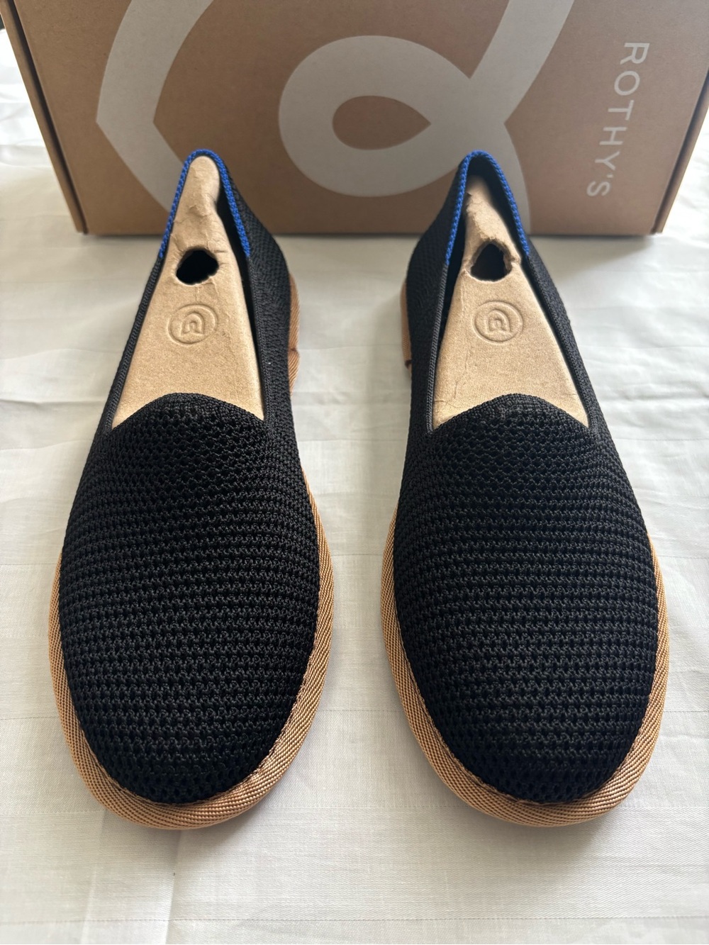 Rothy's Black Knit Slip-On Flats with Tan Trim and Blue Lining